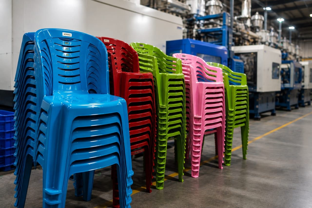 Stacks of moulded plastic chairs in blue, red, green and pink beside the moulding machines