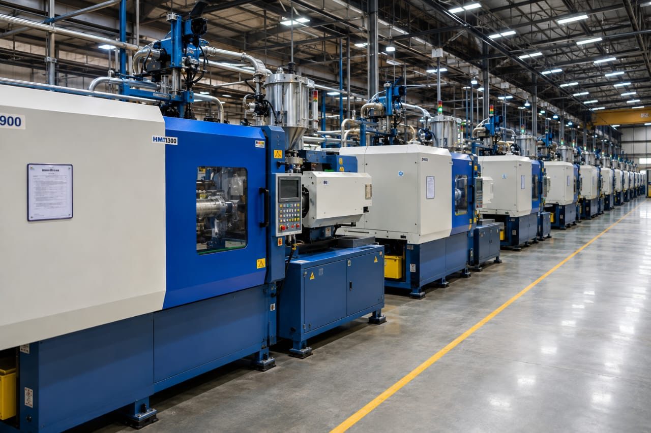 A row of injection moulding machines with material hoppers on the factory floor