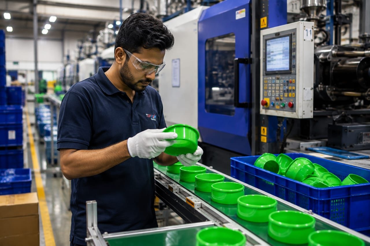 An operator in safety glasses inspecting a moulded green container beside the conveyor