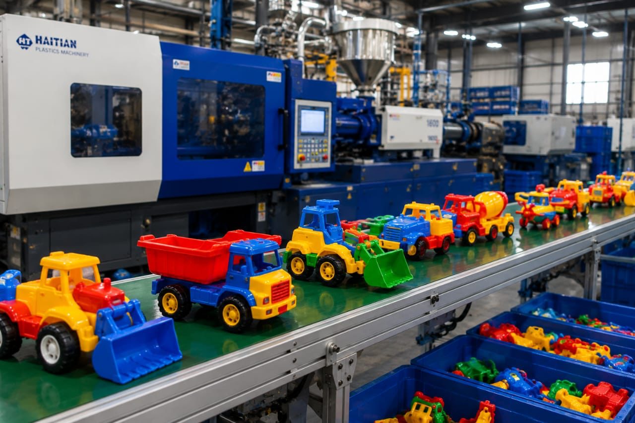 Moulded plastic toy trucks, loaders and tractors moving along a conveyor